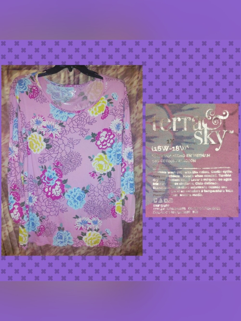 Terra & Sky brand Lavender/Multicolors Floral Print L/S Soft Knit Top 1X(16/18W)